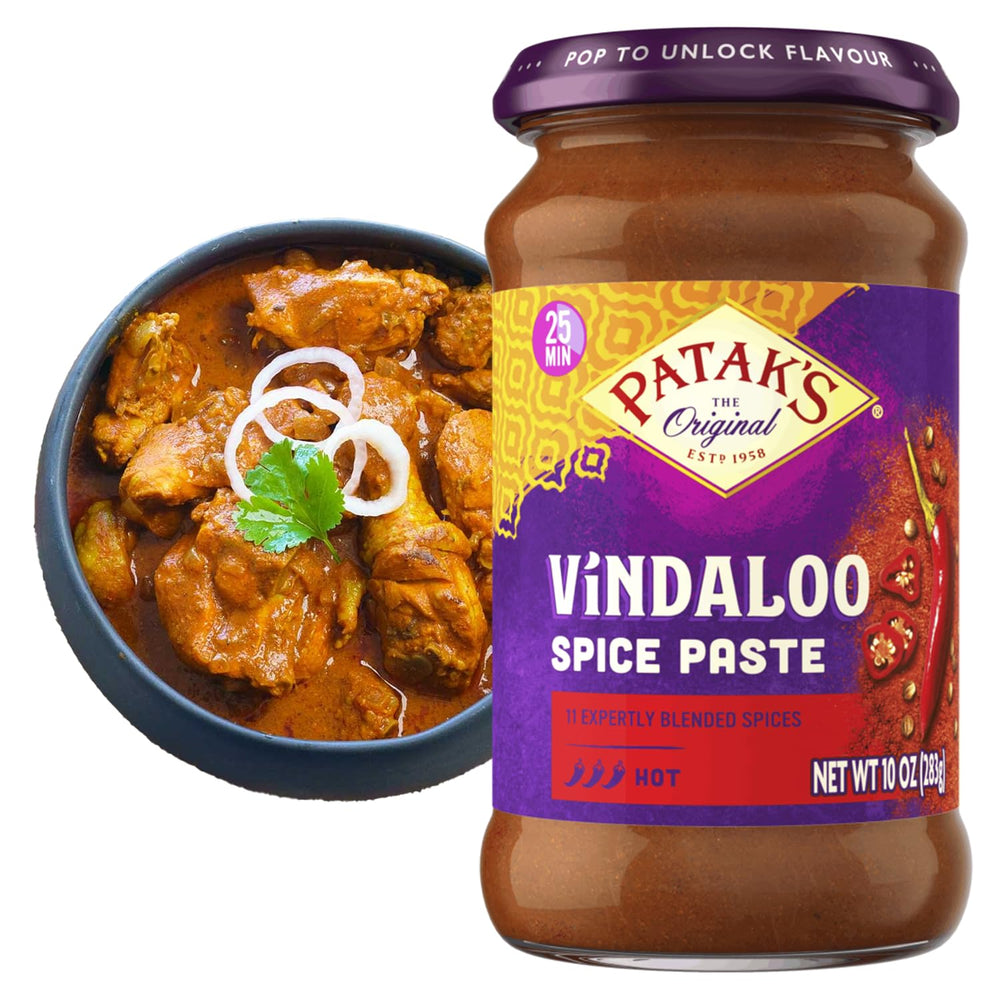 Patak's Vindaloo spice paste jar ready for bold curry base.