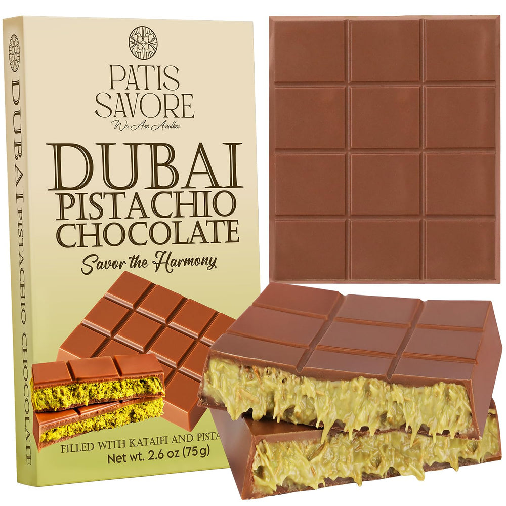 Patis Savore Dubai Chocolate Bar pistachio cream close-up for gourmet gifting