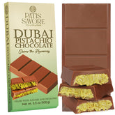 Patis Savore Dubai pistachio chocolate bar highlights rich pistachio filling for refined snacking.