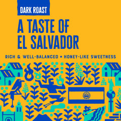 Patria El Salvador Dark Roast coffee beans close-up, rich aroma ready to grind.