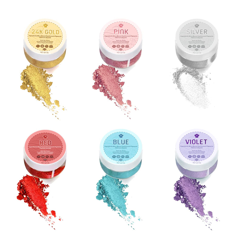 PAVADOR edible luster dust set closeup showing six metallic colors for cake decorating