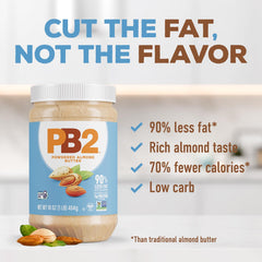PB2 Almond Butter jar closeup, a light, tasty spread option.
