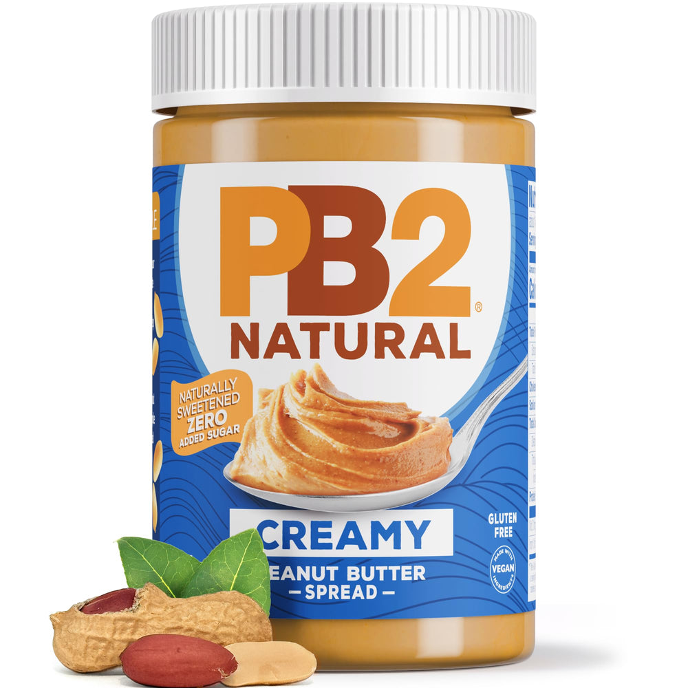 PB2 Natural Creamy Peanut Butter jar shows four simple ingredients.