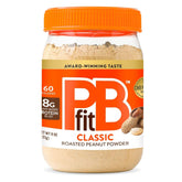 PBfit Classic Peanut Butter Powder jar shows rich flavor with 87% less fat