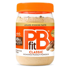 PBfit Classic Peanut Butter Powder jar shows rich flavor with 87% less fat