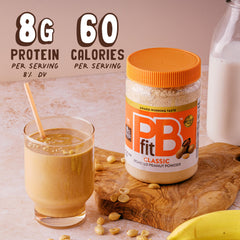 PBfit peanut butter powder scoop for easy, measured shakes.