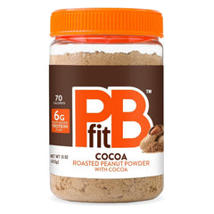 PBfit Cocoa Peanut Butter Powder jar showcasing rich chocolate flavor and protein.