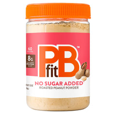 PBfit No Sugar Added Peanut Butter Powder package shows rich peanut flavor with no added sugar