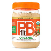 PBfit organic peanut butter powder jar front view showcasing simple ingredients and gluten-free promise