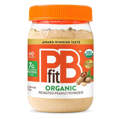 PBfit organic peanut butter powder jar front view showcasing simple ingredients and gluten-free promise