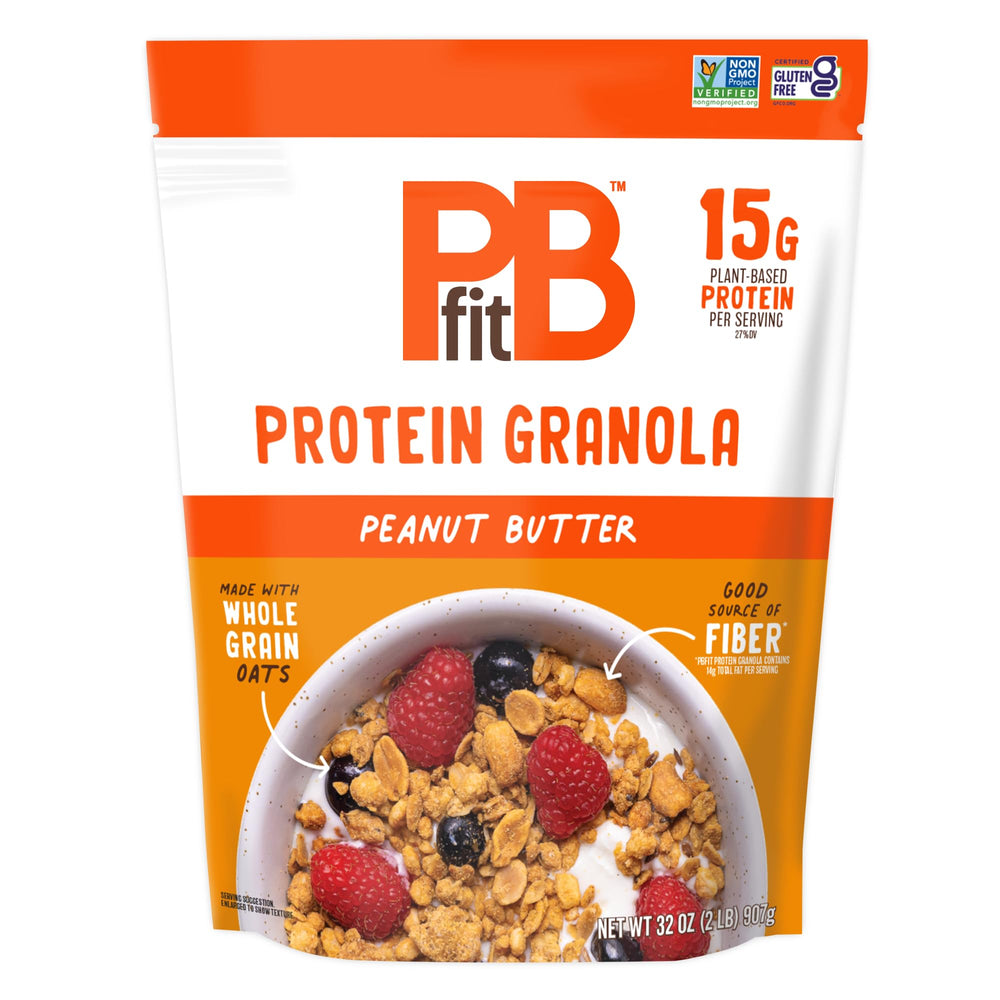 PBfit Peanut Butter Protein Granola packaging with a 32oz bag for easy pantry snacking.