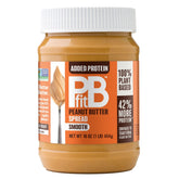 PBfit Peanut Butter Spread jar highlighting 10 g plant-based protein and clean ingredients.