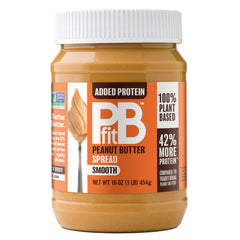 PBfit Peanut Butter Spread jar highlighting 10 g plant-based protein and clean ingredients.