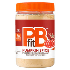PBfit Pumpkin Spice powder in a jar highlighting low-fat, high-protein flavor.