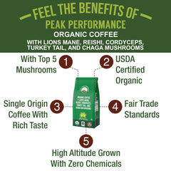 Peak Performance Cordyceps blend brew highlights bold flavor and enhanced focus in your cup.
