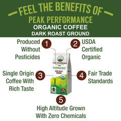 Peak Performance single-origin Guatemala coffee highlights dense beans and a distinctive flavor.