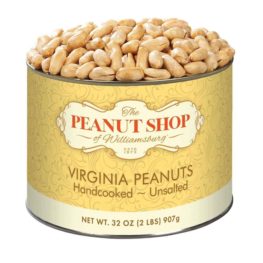 The Peanut Shop of Williamsburg unsalted Virginia peanuts in a 32 oz tin, perfect for gluten-free snacking.