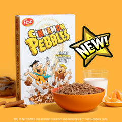 Pebbles Cinnamon family-size pack on the kitchen counter.