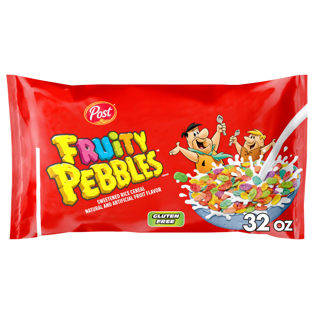 Pebbles Fruity PEBBLES cereal bag front, gluten-free breakfast option for family mornings.