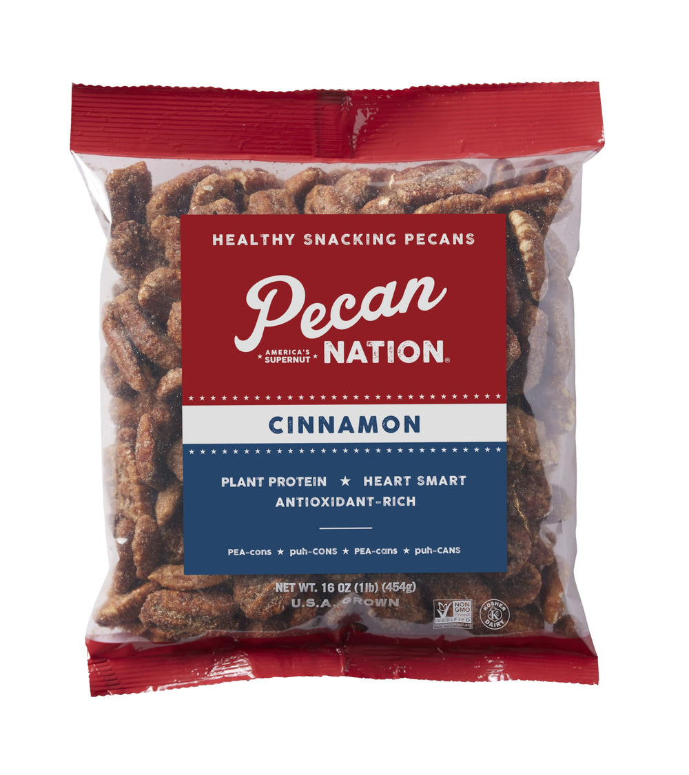 Pecan Nation Cinnamon Roasted Georgia Pecans 16oz – close-up of glossy, crunchy nuts for snacking