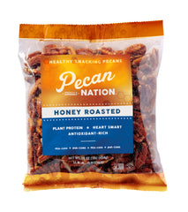 Pecan Nation Honey Roasted Pecans bag: convenient snack with honey glaze and savory crunch