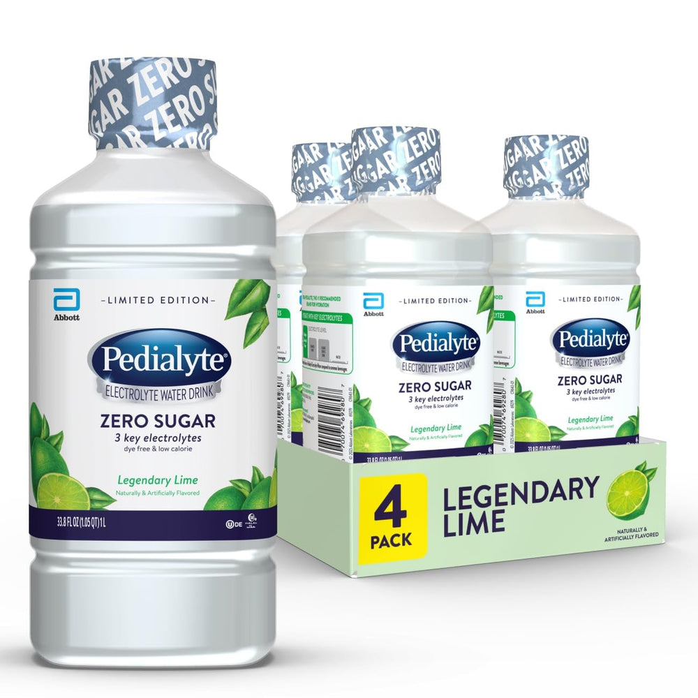 Pedialyte Legendary Lime bottle showing zero sugar hydration with key electrolytes.