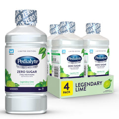 Pedialyte Legendary Lime bottle showing zero sugar hydration with key electrolytes.