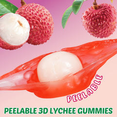 Lychee gummy close-up highlighting chewy texture and fruity flavor.