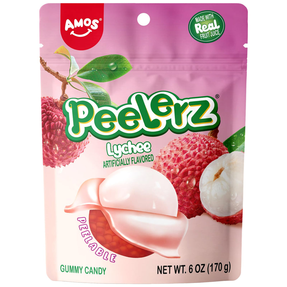 Peelerz AMOS Lychee gummy candies in packaging, ideal for gifting and freshness.