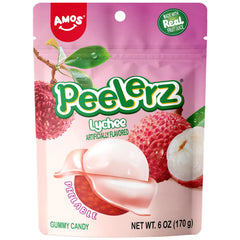 Peelerz AMOS Lychee gummy candies in packaging, ideal for gifting and freshness.