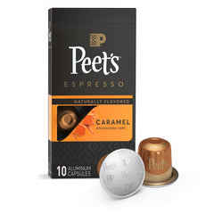 Peet's Caramel Espresso Capsules box front view for quick caffeine boost.