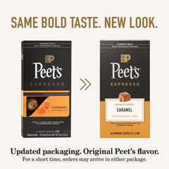 Peet's Caramel Espresso capsules sleeve closeup, aroma preserved.