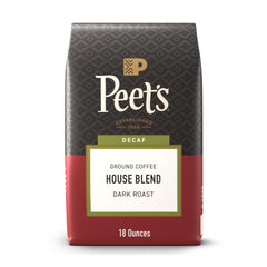 Peet's Coffee Decaf House Blend bag with rich aroma and caffeine-free option.
