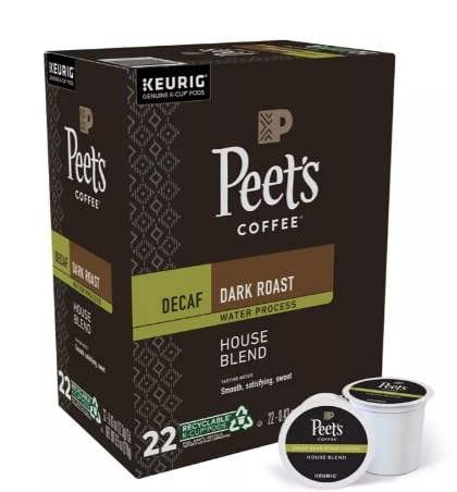 Peet's Coffee Decaf House Blend K-Cup 22-count carton for quick mornings.