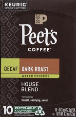 Close-up of Peet's Decaf House Blend K-Cup pod showing dark roast color.