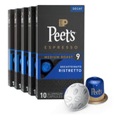 Peet's Decaf Ristretto packaging showing five-box bundle for home use
