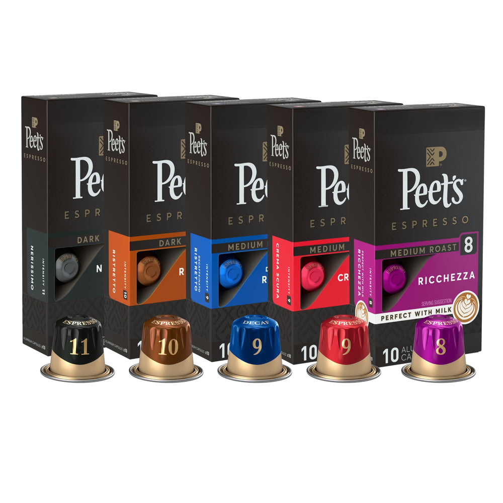Peet's Coffee espresso capsules variety-pack boxes offer convenient at-home espresso variety.