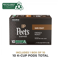 Peet's French Roast pods closeup emphasizes 100% Arabica quality.