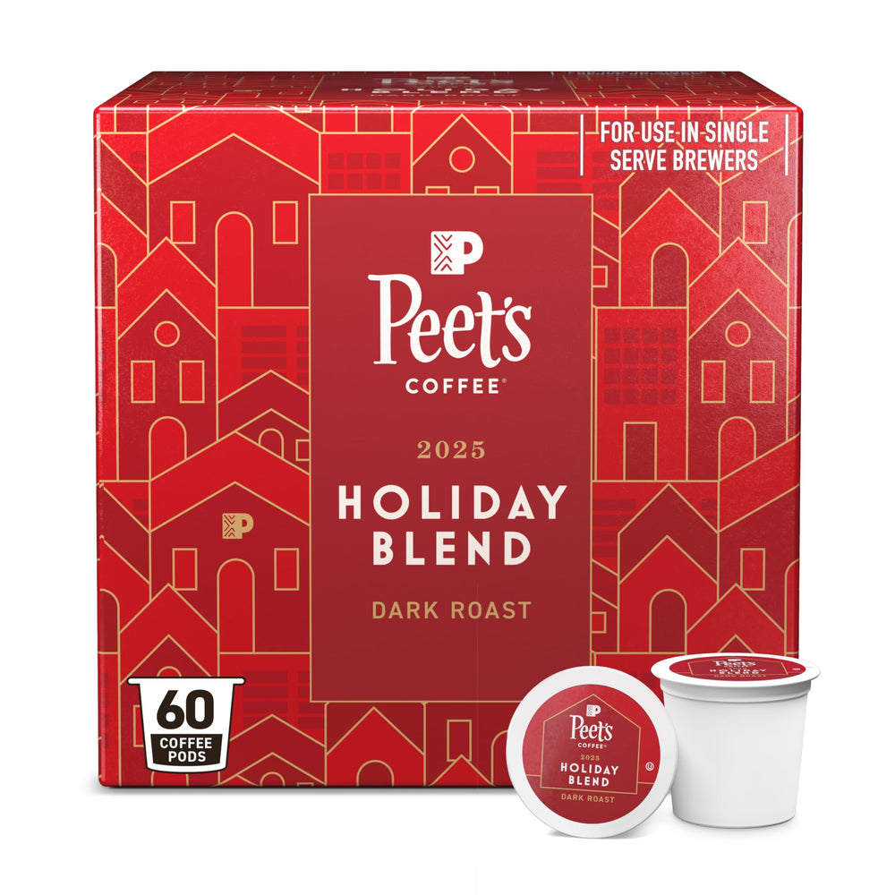 Peet's Coffee Holiday Blend dark roast K-Cup pods in a six-box set, ideal for festive mornings.