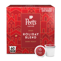 Peet's Coffee Holiday Blend dark roast K-Cup pods in a six-box set, ideal for festive mornings.