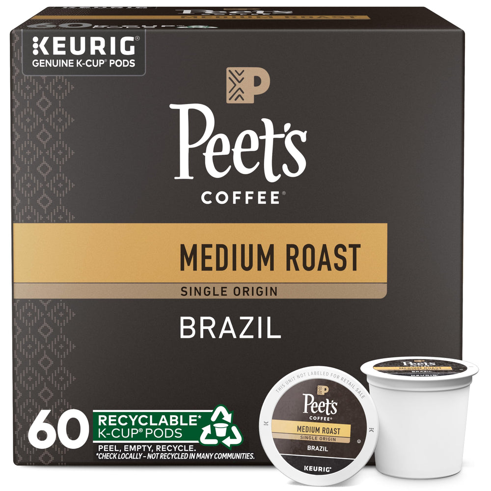 Peet's Coffee Single Origin Brazil box front showing it contains 60 K-Cups for easy brewing