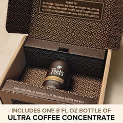 Peet's Ultra Coffee Concentrate being poured into a glass for hot or iced coffee
