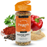 Peggy’s Food Master Grill Blend jar shows rich herbs for savory grilling.