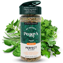 Peggy's Food Perfect Seasoning Mix bottle on counter boosts weeknight meals.