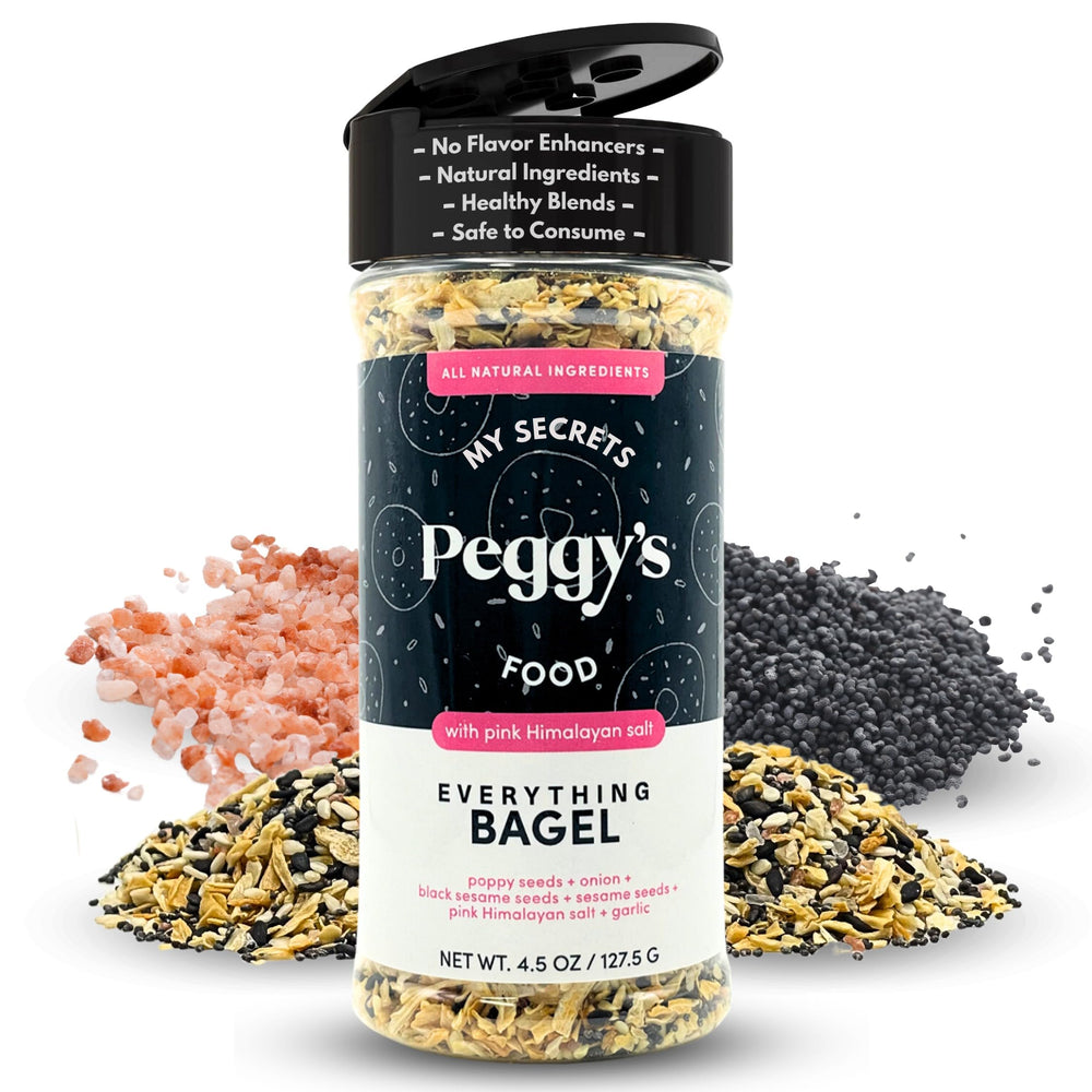 Peggy's Everything Bagel Seasoning jar on the counter adds a versatile flavor base.