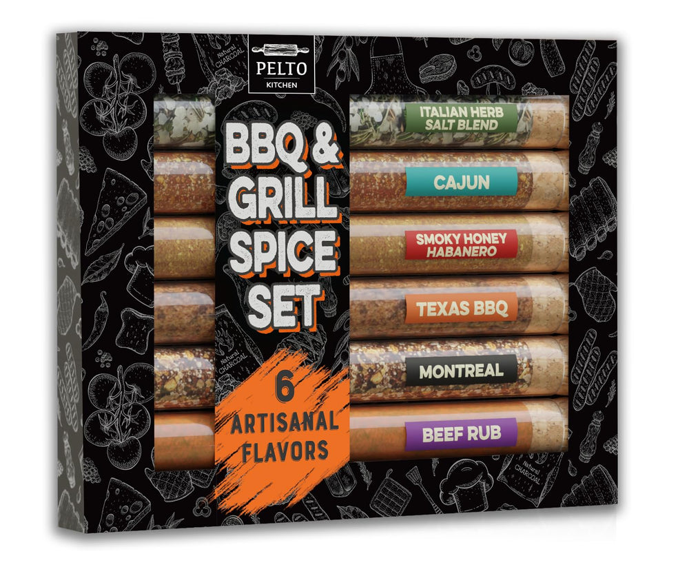 Pelto BBQ spice set gift box with six tubes for versatile grilling.