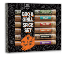 Pelto BBQ spice set gift box with six tubes for versatile grilling.