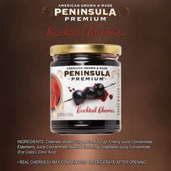 Deep burgundy Peninsula Premium Cocktail Cherries with silky syrup for dessert topping.