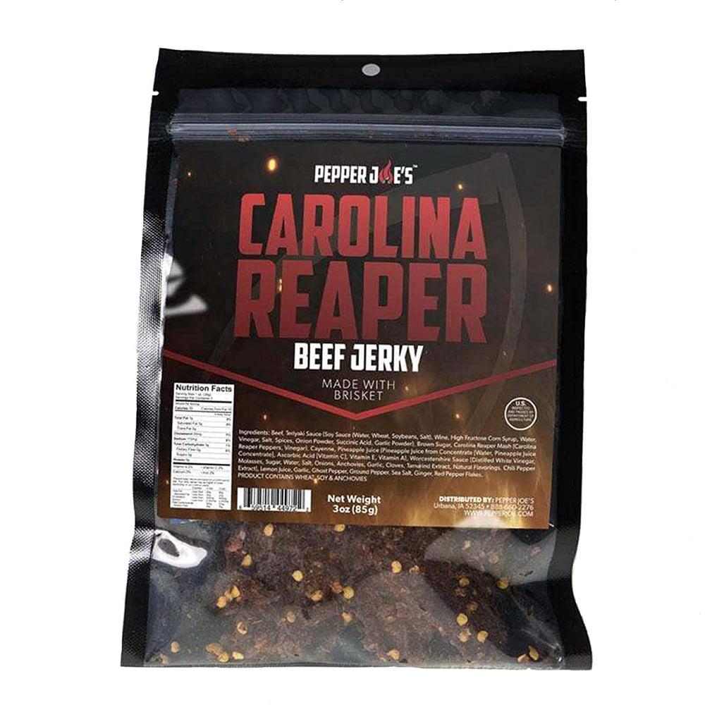 Pepper Joe’s Carolina Reaper beef jerky pack front displaying bold spicy slices