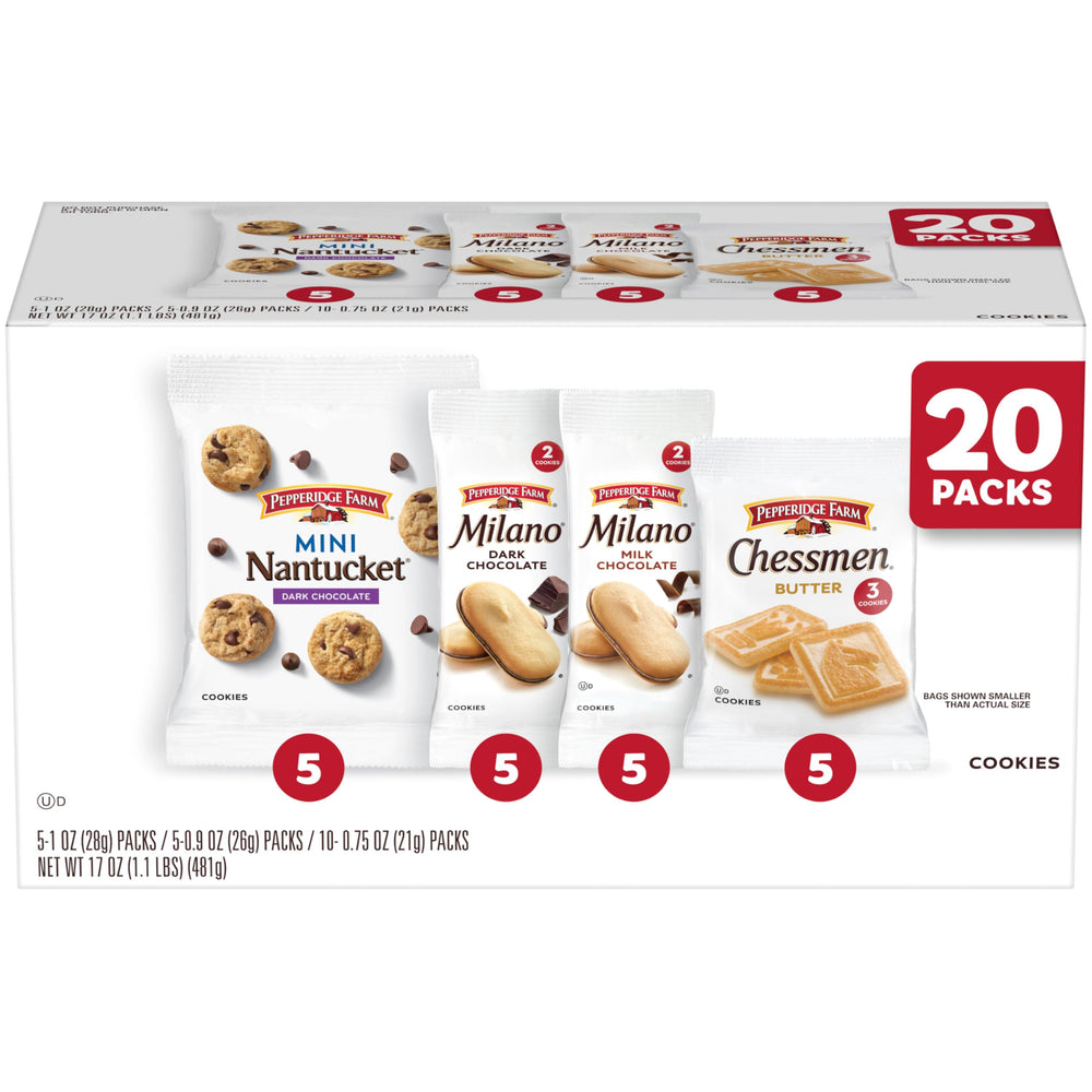 Pepperidge Farm Cookies Variety Pack box with 20 snack packs for on-the-go snacking